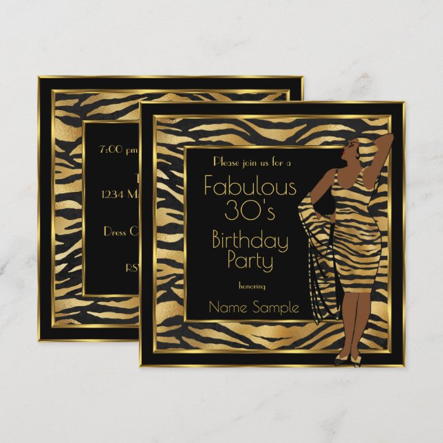 Fabulous 30's Birthday Party Black Gold Deco Lady Invitation (Front/Back)