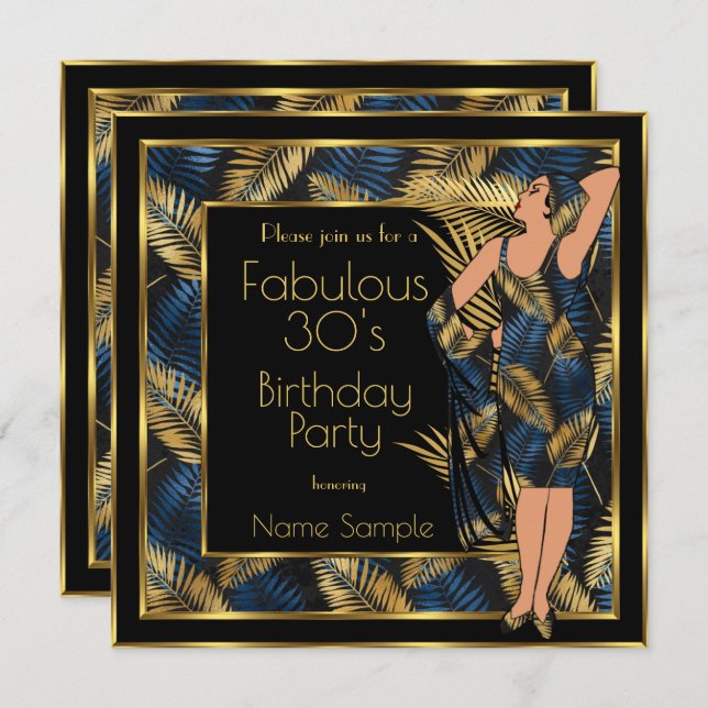 Fabulous 30's Birthday Party Gold Blue Palms Lady Invitation (Front/Back)