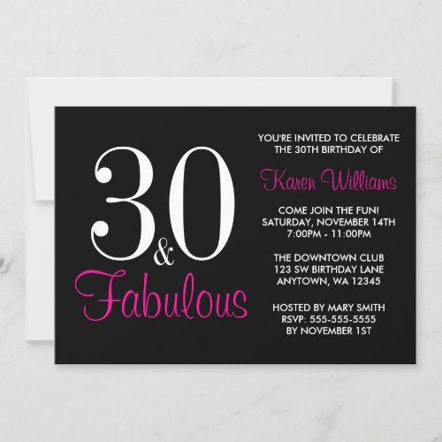 Fabulous 30th Black and Pink Birthday Party Custom Invitation