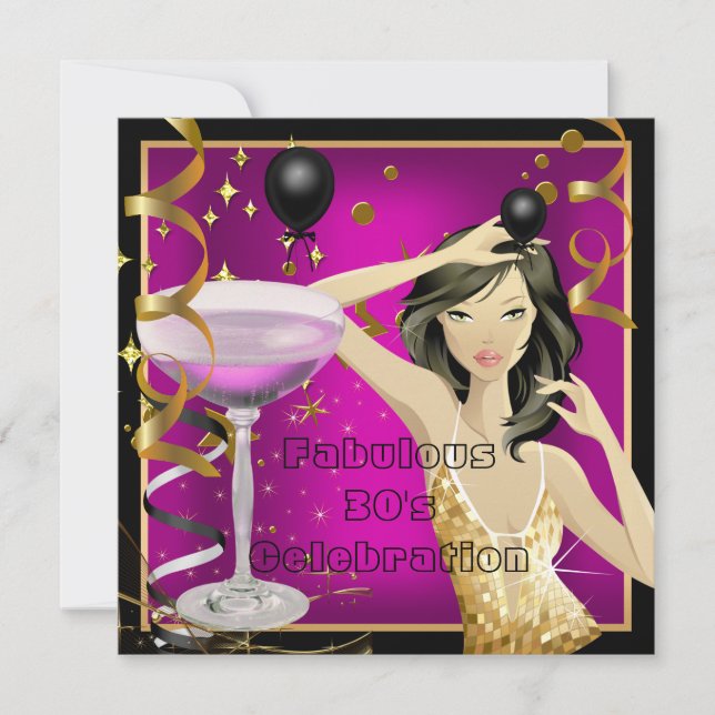 Fabulous 30th Pink Gold Black Birthday Party Invitation (Front)