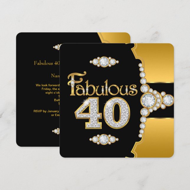 Fabulous 40 40th Birthday Gold Black Diamond Invitation (Front/Back)