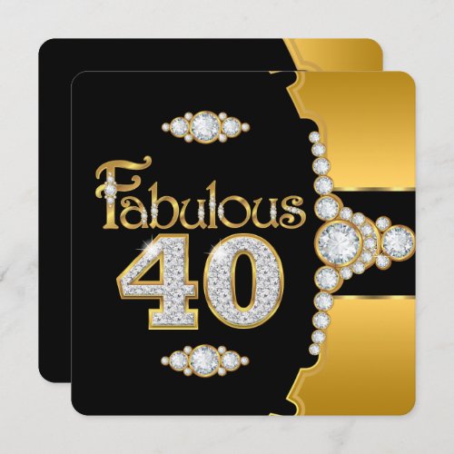 Fabulous 40 40th Birthday Gold Black Diamond Invitation