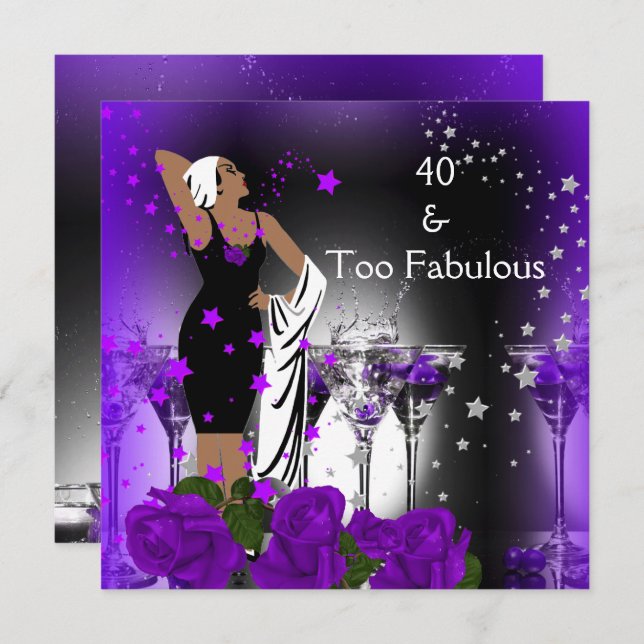 Fabulous 40 40th Birthday Purple Roses Drinks Invitation (Front/Back)