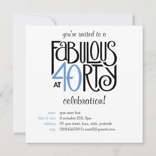 Fabulous 40 black blue Birthday Invitation (Front)