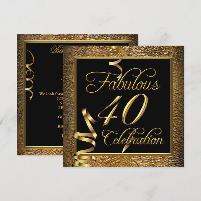 Fabulous 40 Celebration Gold Black Birthday Party Invitation (Front/Back)