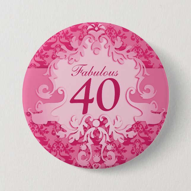"Fabulous 40" damask elephant pink button/badge Pinback Button (Front)