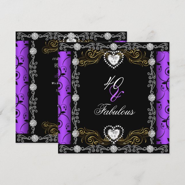 Fabulous 40 Damask Floral Purple Black 40th Party Invitation (Front/Back)
