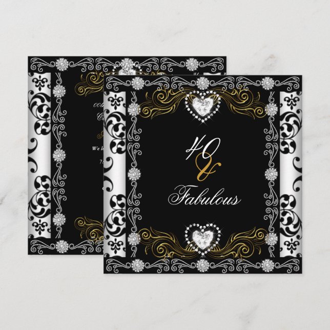 Fabulous 40 Damask Gold Black White Silver 40th Invitation (Front/Back)