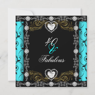 Fabulous 40 Damask Teal Black Silver 40th Birthday Invitation