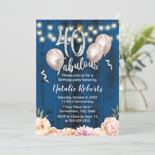 Fabulous 40 Elegant Navy Floral Queen Birthday Invitation