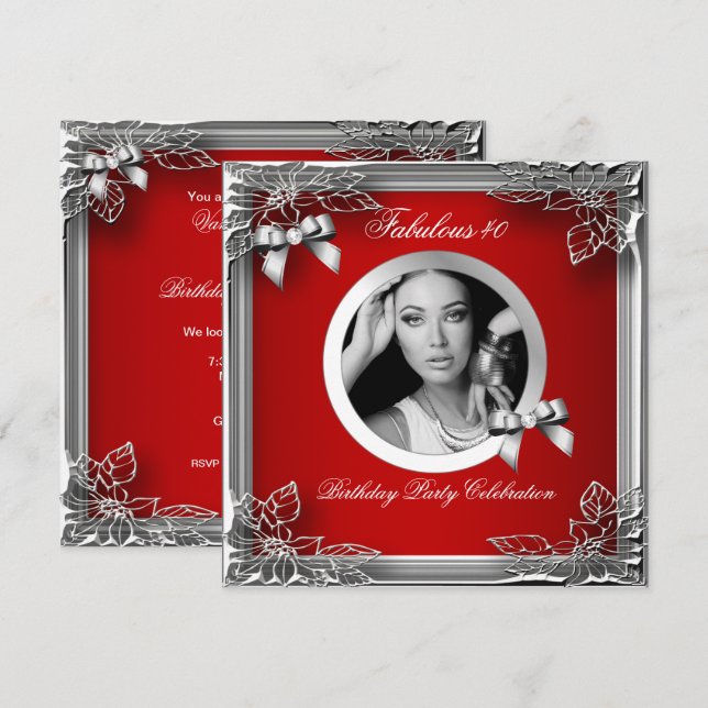 Fabulous 40 Elegant Red Diamond Silver Black Photo Invitation (Front/Back)