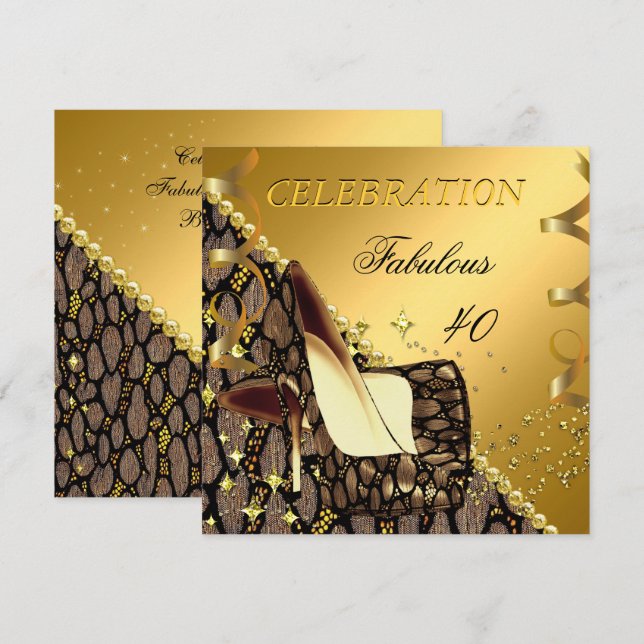 Fabulous 40 Exotic Gold Brown Heels Birthday Invitation (Front/Back)