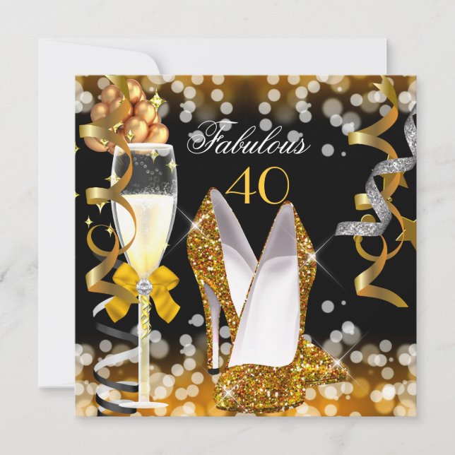 Fabulous 40 Gold Black Yellow  Bubbles Party Invitation (Front)