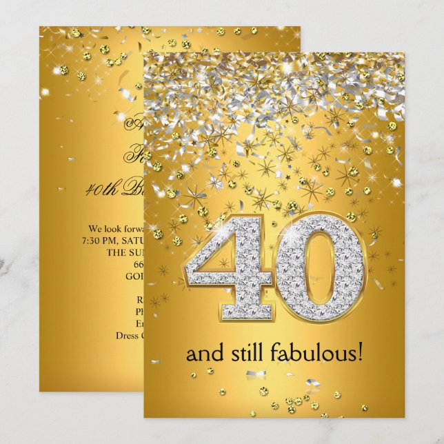 Fabulous 40 Gold Silver Streamers 40th Birthday Invitation (Front/Back)