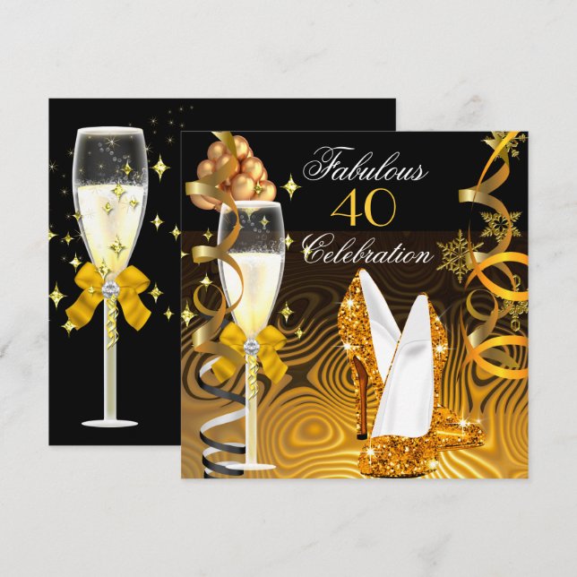 Fabulous 40 Gold Yellow Glitter Birthday Party Invitation (Front/Back)