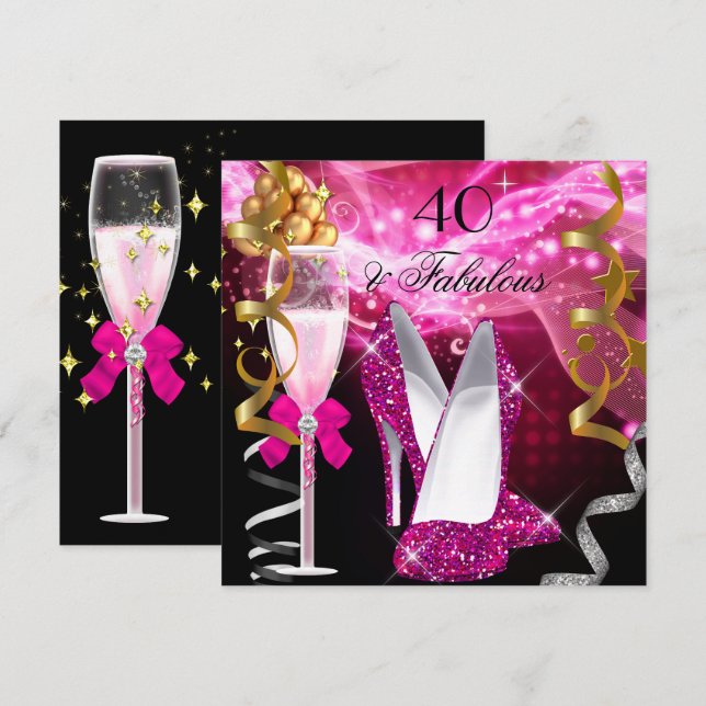 Fabulous 40 Hot Pink Glitter Heels Birthday Party Invitation (Front/Back)