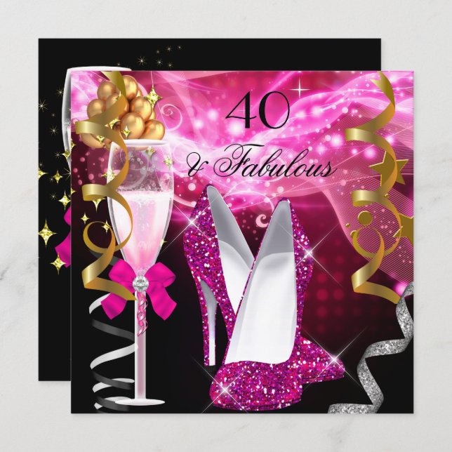 Fabulous 40 Hot Pink Glitter Heels Birthday Party Invitation (Front/Back)