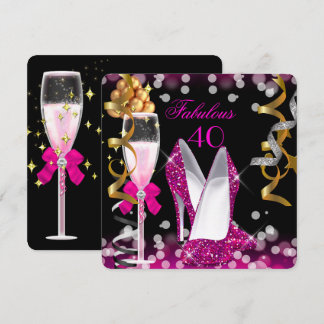 Fabulous 40 Hot Pink Gold Black Bubbles 40th Party Invitation