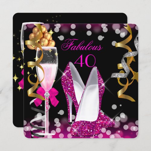 Fabulous 40 Hot Pink Gold Black Bubbles 40th Party Invitation