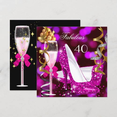 Fabulous 40 Hot Pink Gold Bubbles Glitter Party 2 Personalized Invitations