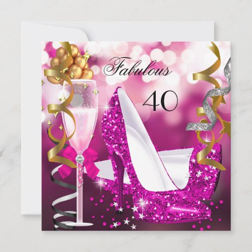 Fabulous 40 Hot Pink Gold Bubbles Glitter Party 3 Invitation