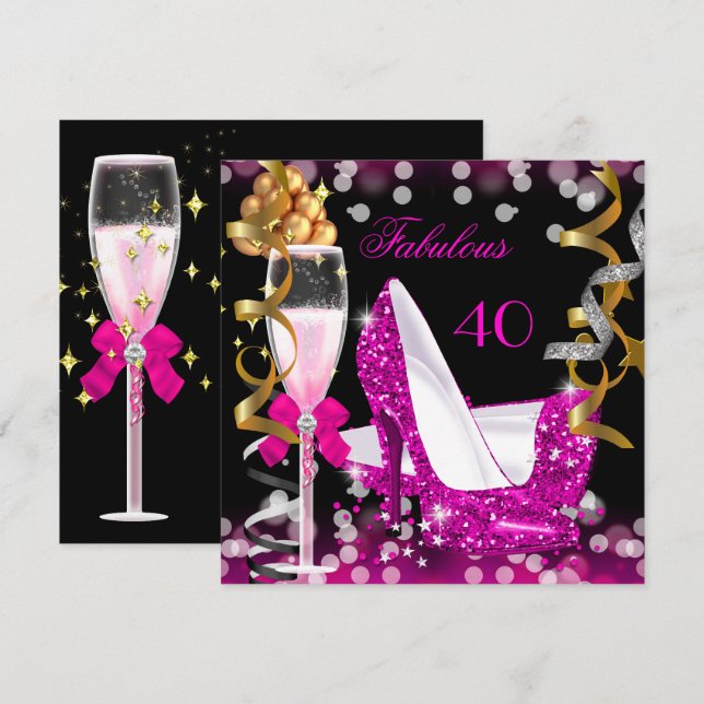 Fabulous 40 Hot Pink Gold Bubbles Glitter Party Invitation (Front/Back)