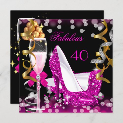 Fabulous 40 Hot Pink Gold Bubbles Glitter Party Invitation