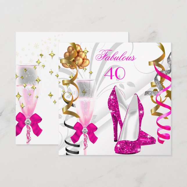 Fabulous 40 Hot Pink Gold White Birthday Party Invitation (Front/Back)