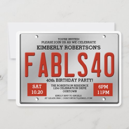 Fabulous 40 License Plate Birthday Invitations