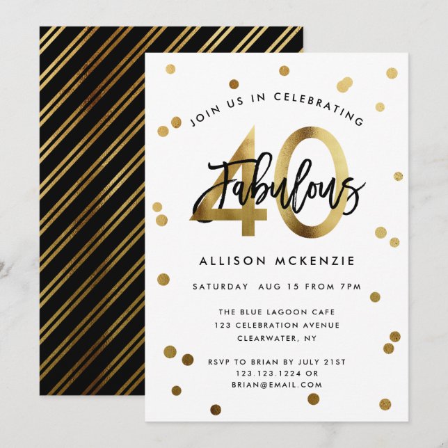 Fabulous 40 | Modern Elegant Gold Brushed Birthday Invitation (Front/Back)