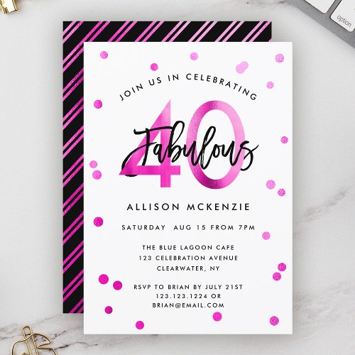 Fabulous 40  Modern Elegant Pink Brushed Birthday Invitation