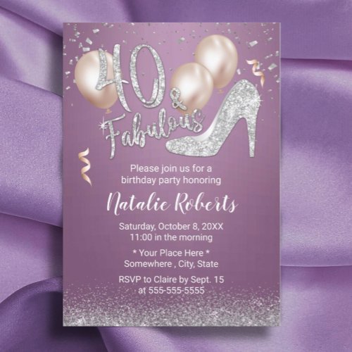 Fabulous 40 Modern Purple Girl 40th Birthday Invitation