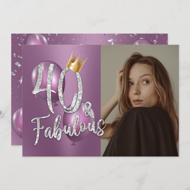 Fabulous 40 Modern Purple Photo 40th Birthday Invi Invitation (Front/Back)