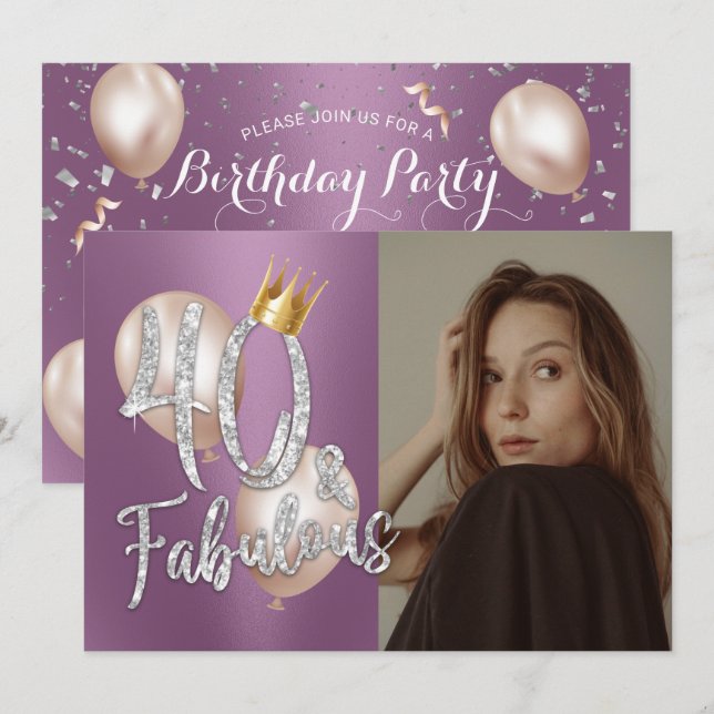 Fabulous 40 Modern Purple Photo 40th Birthday Invitation (Front/Back)