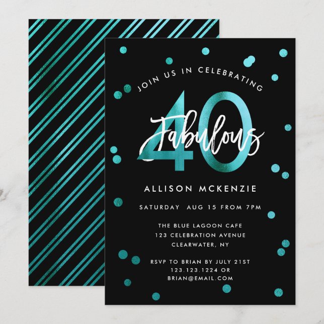 Fabulous 40 | Modern Stylish Girly Teal Birthday Invitation (Front/Back)