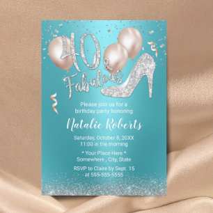 Fabulous 40 Modern Turquoise Silver 40th Birthday Invitation