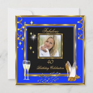 Fabulous 40 Photo Blue Gold Champagne Heels Invitation