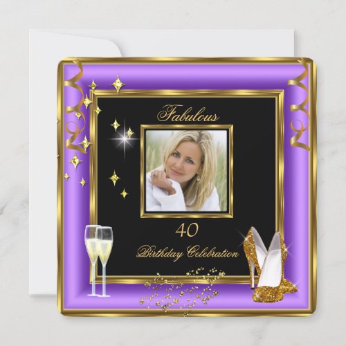 Fabulous 40 Photo Purple Gold Champagne Heels 2 Invitation