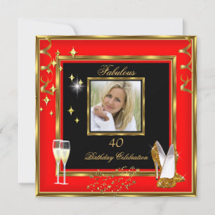 Fabulous 40 Photo Red Gold Champagne Heels Invitation