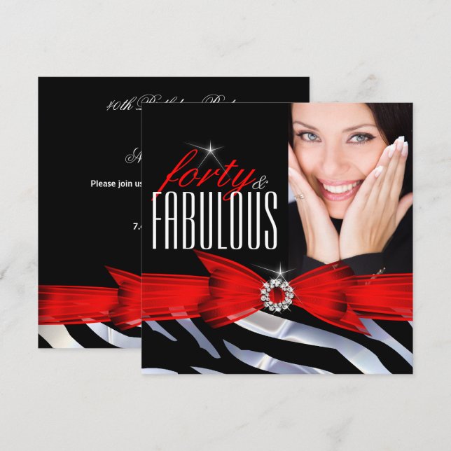 Fabulous 40 Photo Red Zebra Black White Birthday Invitation (Front/Back)