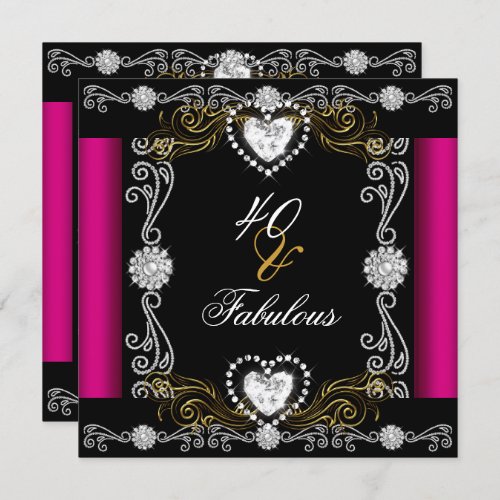 Fabulous 40 Pink Black Silver Gold 40th Birthday Invitation