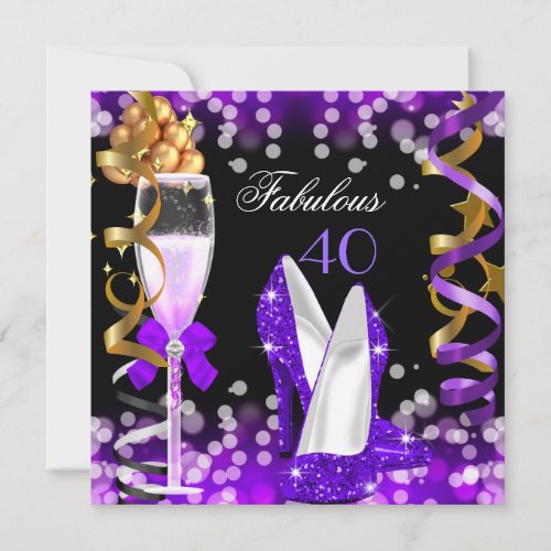 Fabulous 40 Purple Black Gold Bubbles Party Invitation