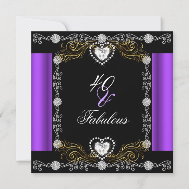 Fabulous 40 Purple Black Silver Gold 40th Birthday Invitation (Front)