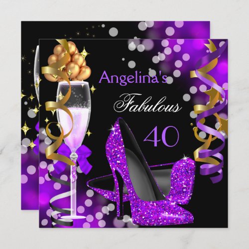 Fabulous 40 Purple Heels Gold Bubbles Birthday Invitation