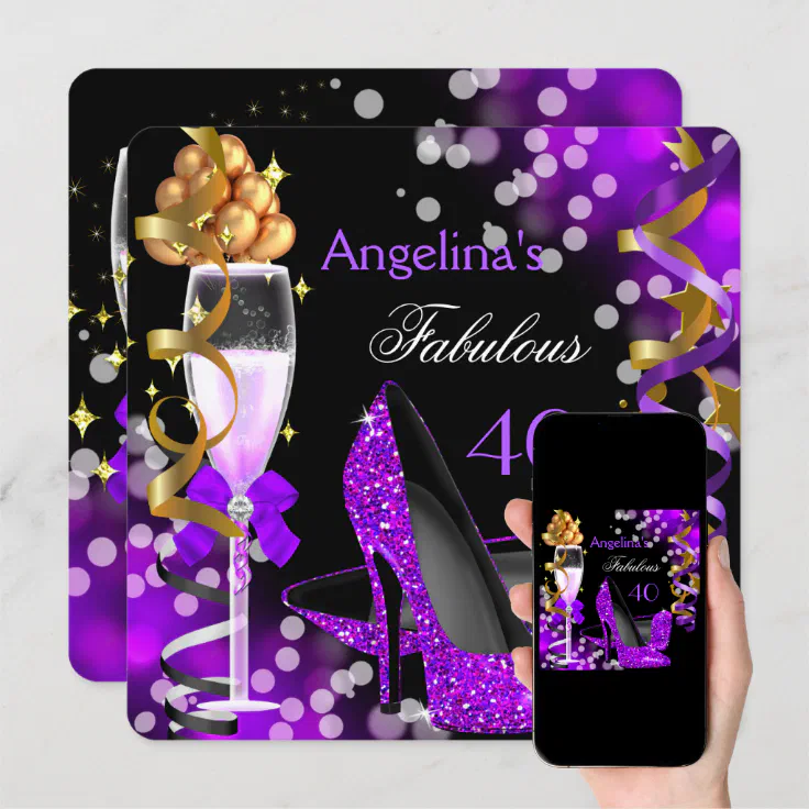 Fabulous 40 Purple Heels Gold Bubbles Birthday Invitation Zazzle