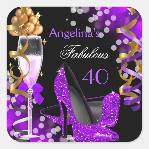 Fabulous 40 Purple Heels Gold Bubbles Birthday Square Sticker