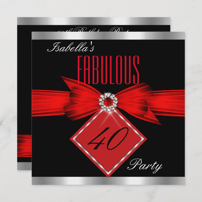 Fabulous 40 Red Black Silver Birthday Party Invitation (Front/Back)