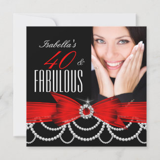Fabulous 40 Red Black White Pearl Photo Birthday Invitation