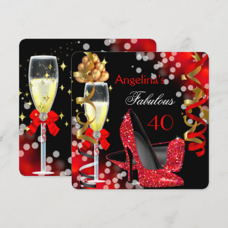 Fabulous 40 Red Heels Gold Bubbles Birthday Party Invitation