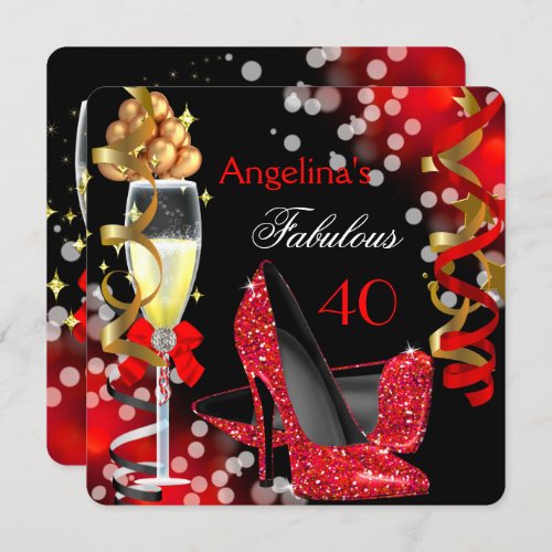 Fabulous 40 Red Heels Gold Bubbles Birthday Party Invitation